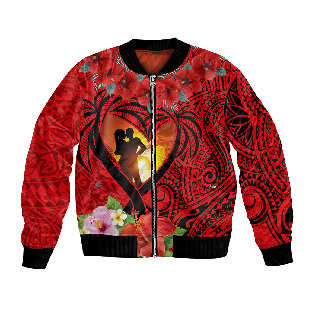 Hawaii Valentine Day Bomber Jacket Couple on Beach mix Hibiscus and Polynesian Tattoo LT03 Unisex Red - Polynesian Pride