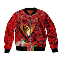 Hawaii Valentine Day Bomber Jacket Couple on Beach mix Hibiscus and Polynesian Tattoo LT03 Unisex Red - Polynesian Pride