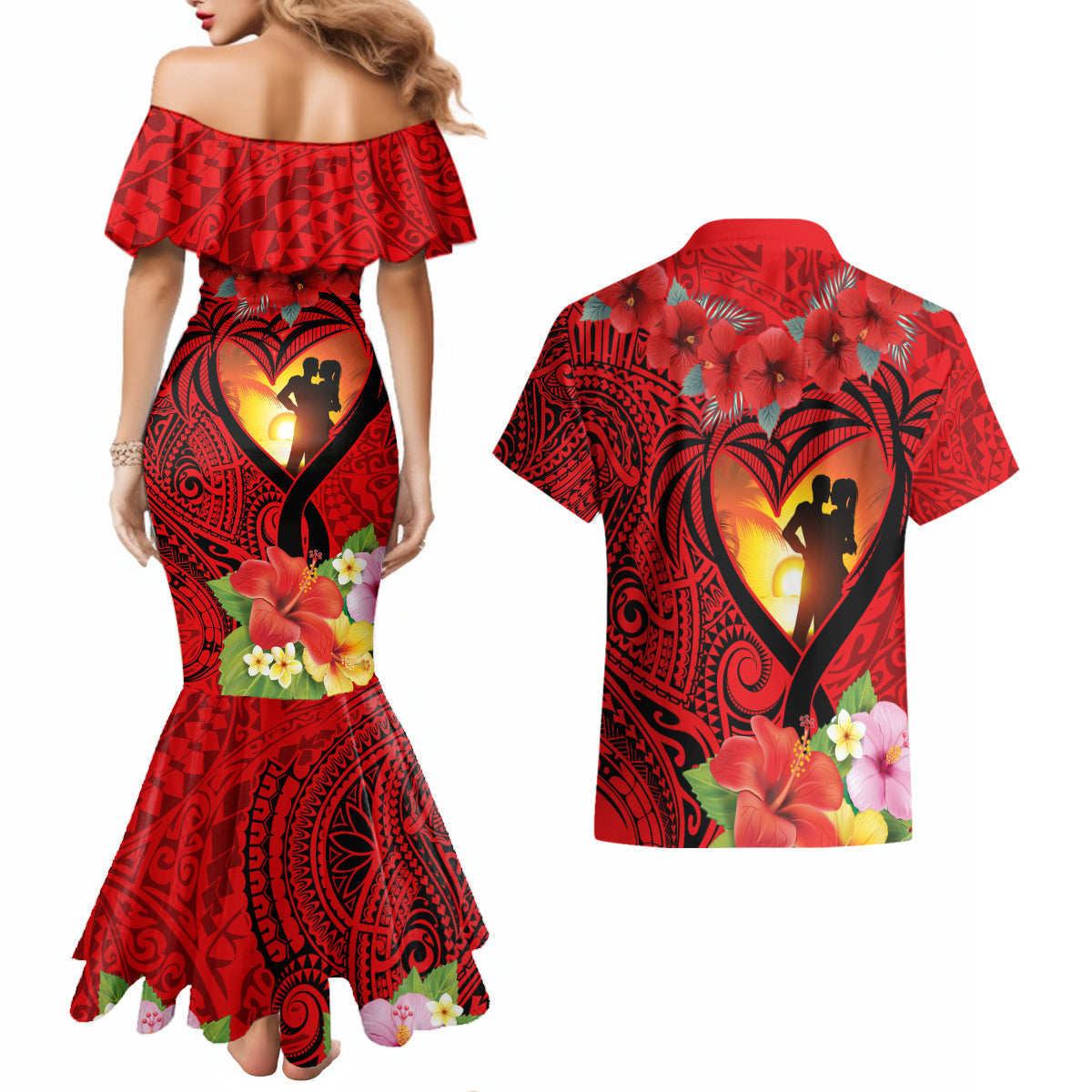 Hawaii Valentine Day Couples Matching Mermaid Dress and Hawaiian Shirt Couple on Beach mix Hibiscus and Polynesian Tattoo LT03 - Polynesian Pride