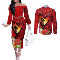Hawaii Valentine Day Couples Matching Off The Shoulder Long Sleeve Dress and Long Sleeve Button Shirt Couple on Beach mix Hibiscus and Polynesian Tattoo LT03 Red - Polynesian Pride