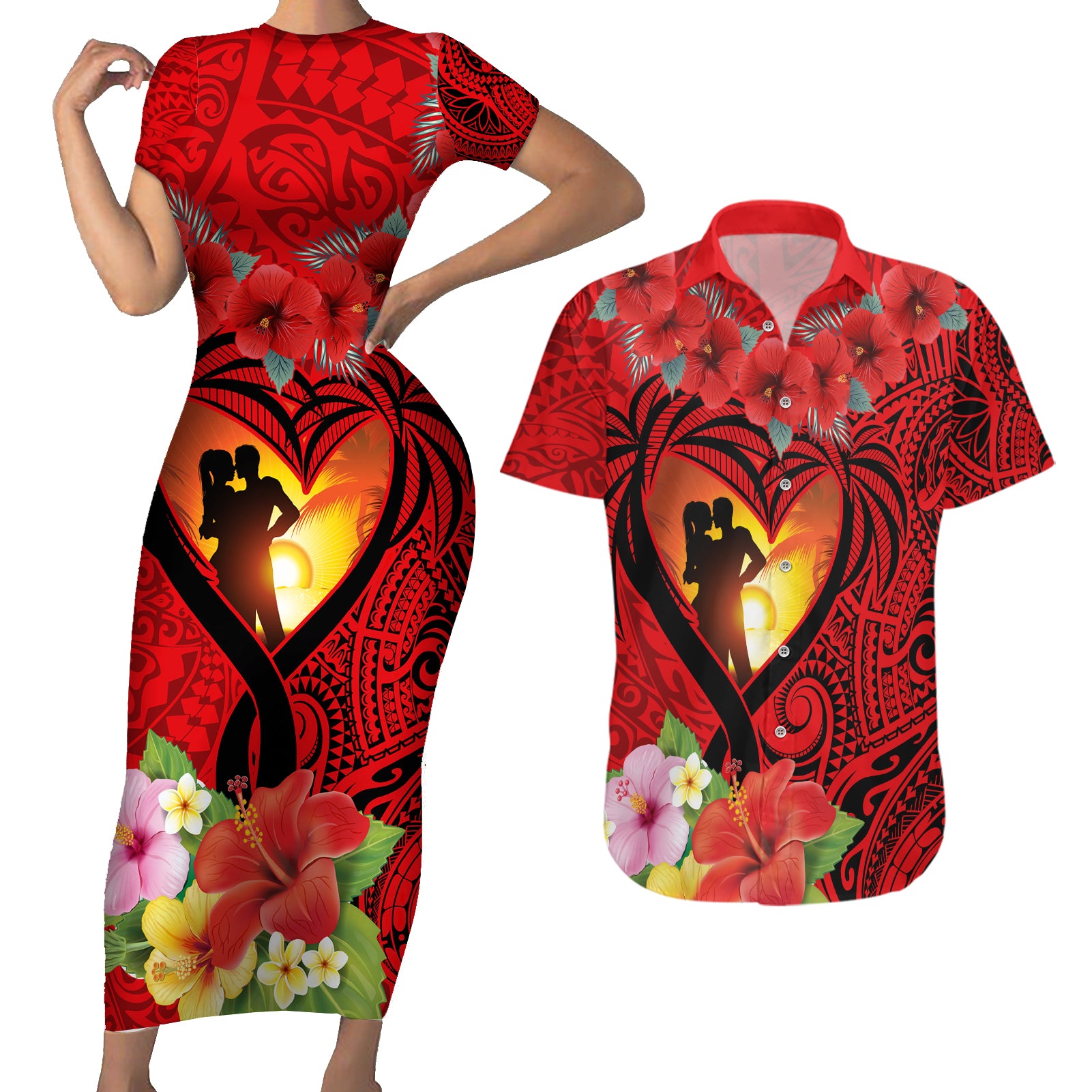 Hawaii Valentine Day Couples Matching Short Sleeve Bodycon Dress and Hawaiian Shirt Couple on Beach mix Hibiscus and Polynesian Tattoo LT03 Red - Polynesian Pride