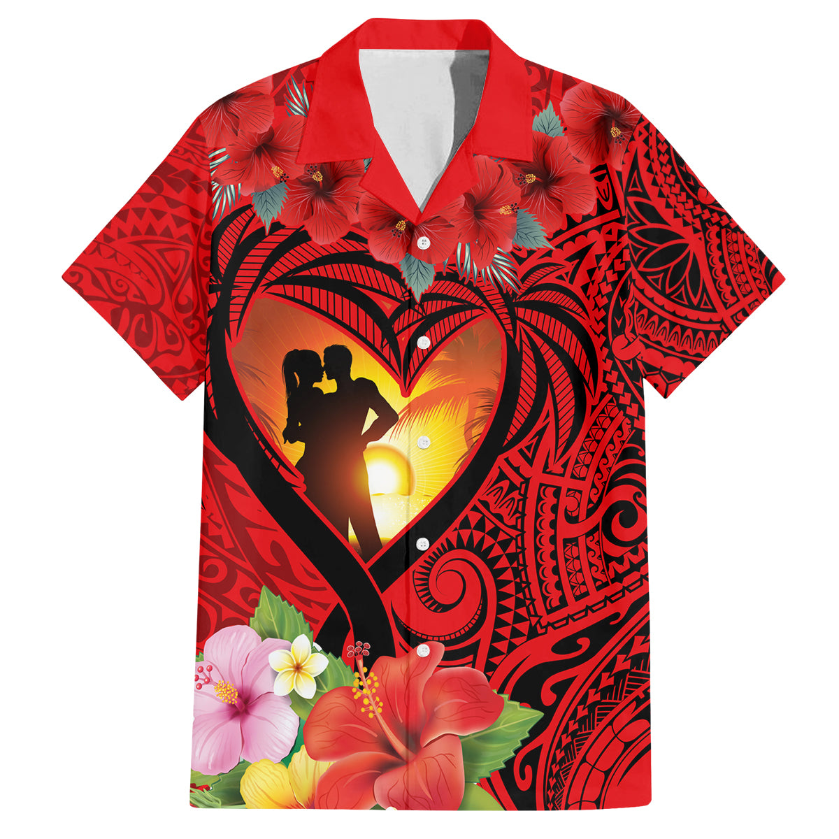 Hawaii Valentine Day Family Matching Off Shoulder Maxi Dress and Hawaiian Shirt Couple on Beach mix Hibiscus and Polynesian Tattoo LT03 Dad's Shirt - Short Sleeve Red - Polynesian Pride