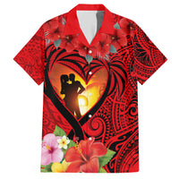 Hawaii Valentine Day Family Matching Short Sleeve Bodycon Dress and Hawaiian Shirt Couple on Beach mix Hibiscus and Polynesian Tattoo LT03 Dad's Shirt - Short Sleeve Red - Polynesian Pride