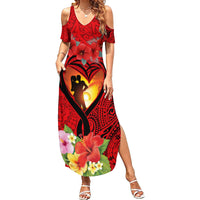 Hawaii Valentine Day Family Matching Summer Maxi Dress and Hawaiian Shirt Couple on Beach mix Hibiscus and Polynesian Tattoo LT03 Mom's Dress Red - Polynesian Pride