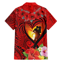 Hawaii Valentine Day Hawaiian Shirt Couple on Beach mix Hibiscus and Polynesian Tattoo LT03 - Polynesian Pride