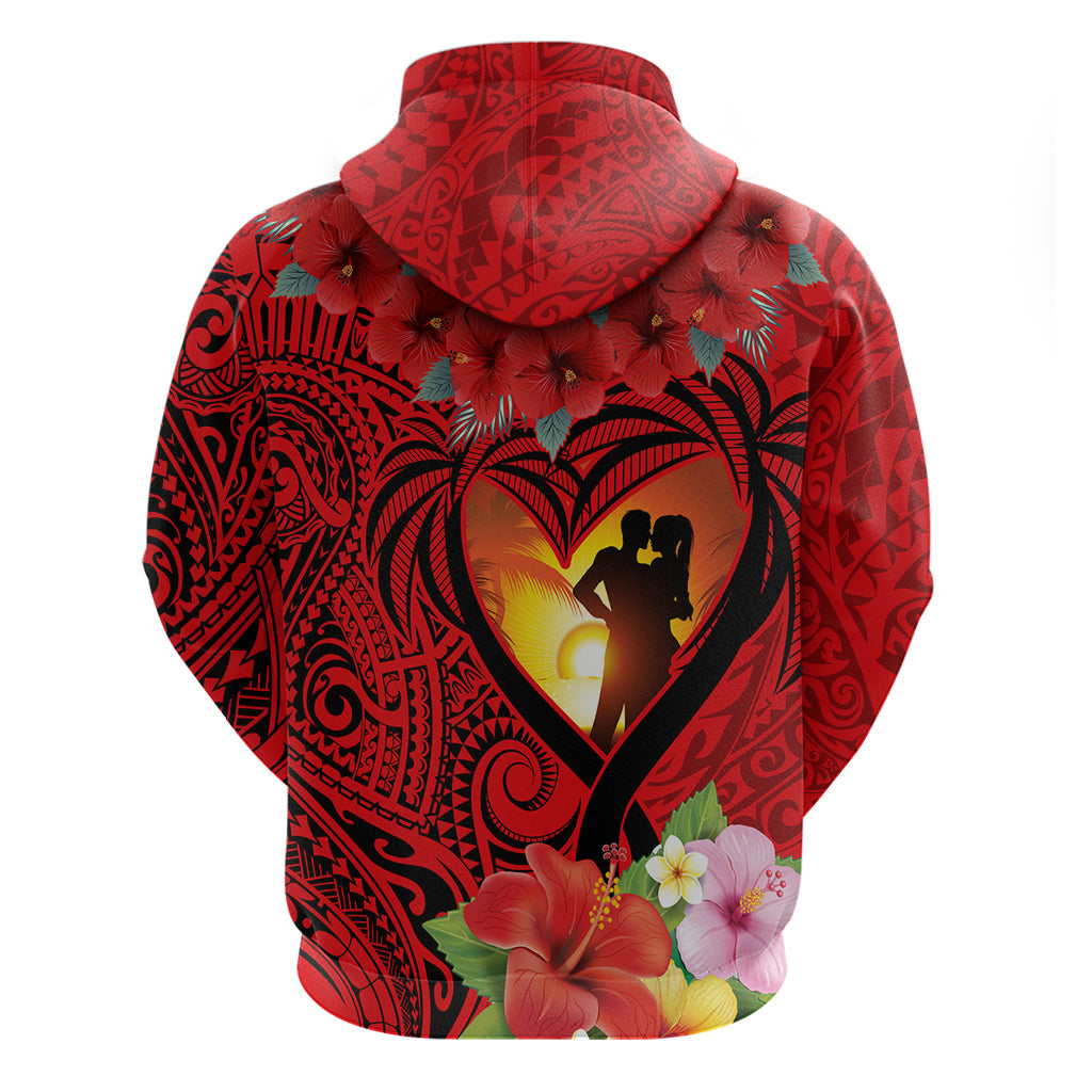 Hawaii Valentine Day Hoodie Couple on Beach mix Hibiscus and Polynesian Tattoo LT03 - Polynesian Pride
