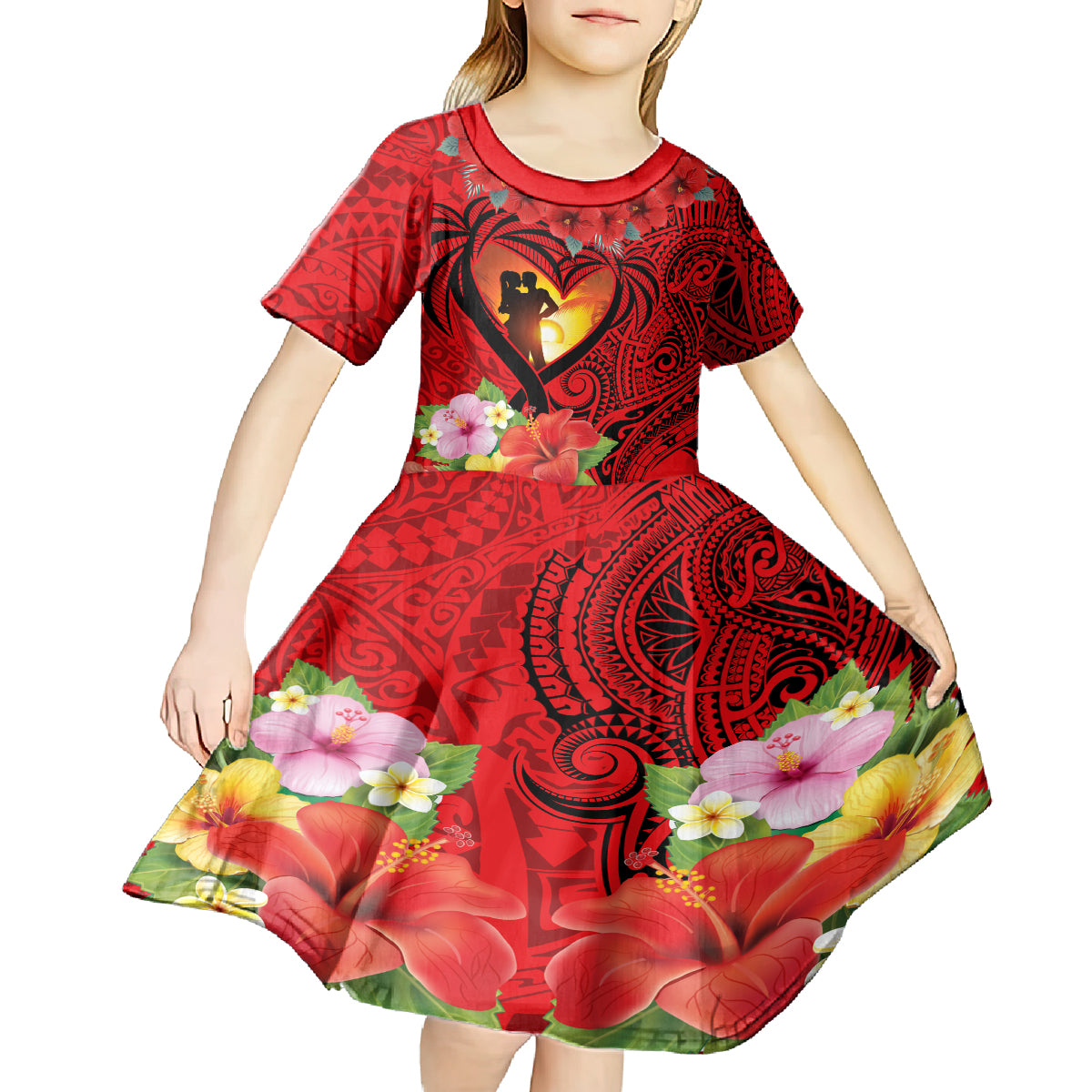 Hawaii Valentine Day Kid Short Sleeve Dress Couple on Beach mix Hibiscus and Polynesian Tattoo LT03 - Polynesian Pride