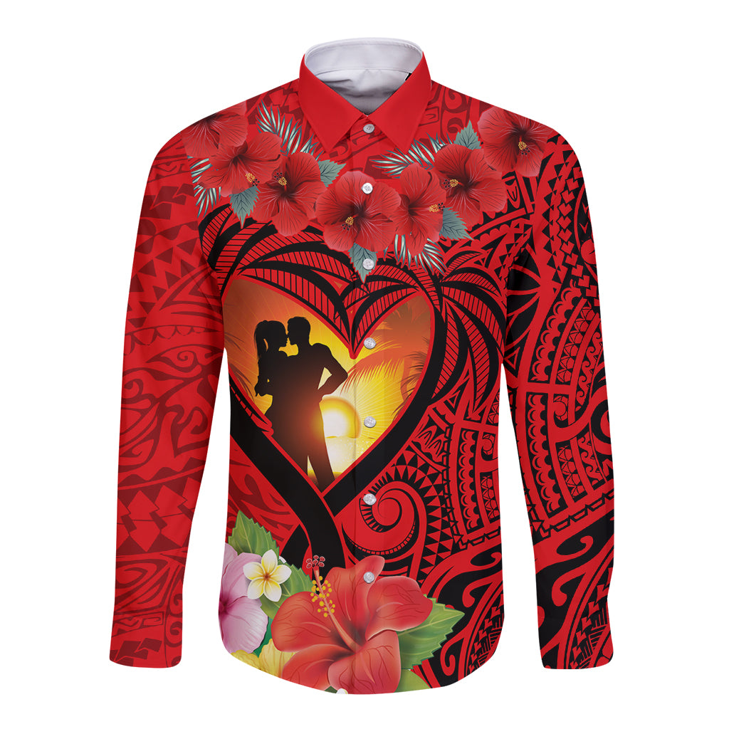 Hawaii Valentine Day Long Sleeve Button Shirt Couple on Beach mix Hibiscus and Polynesian Tattoo LT03 Unisex Red - Polynesian Pride