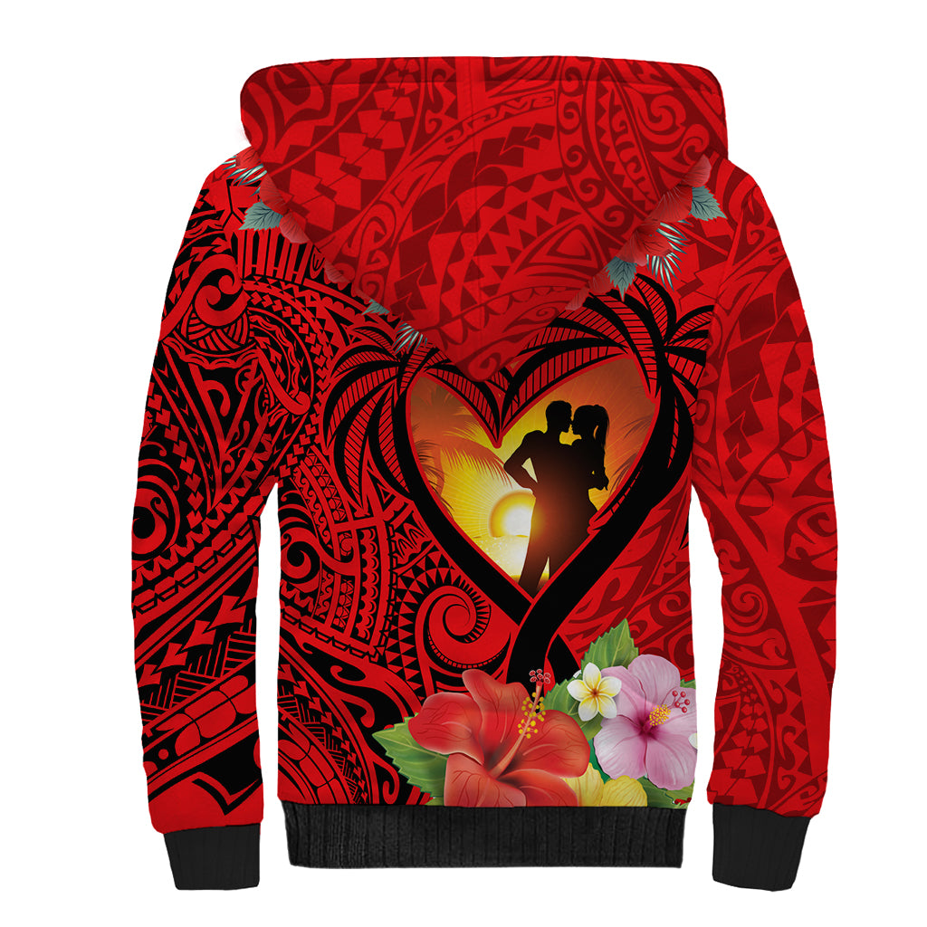 Hawaii Valentine Day Sherpa Hoodie Couple on Beach mix Hibiscus and Polynesian Tattoo LT03 - Polynesian Pride