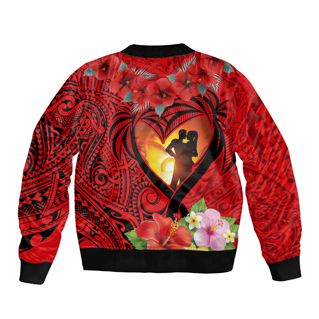 Hawaii Valentine Day Sleeve Zip Bomber Jacket Couple on Beach mix Hibiscus and Polynesian Tattoo LT03 - Polynesian Pride