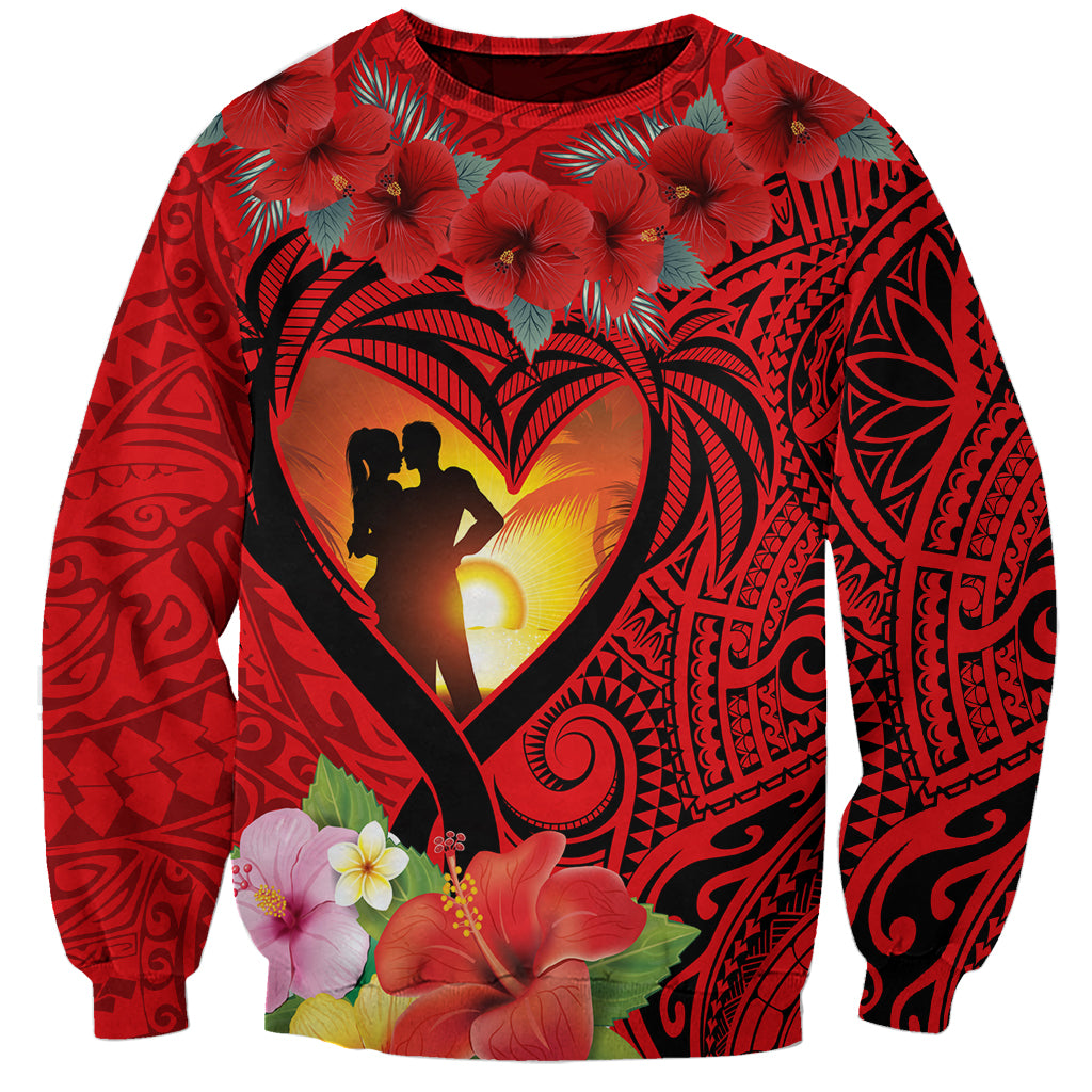 Hawaii Valentine Day Sweatshirt Couple on Beach mix Hibiscus and Polynesian Tattoo LT03 Unisex Red - Polynesian Pride