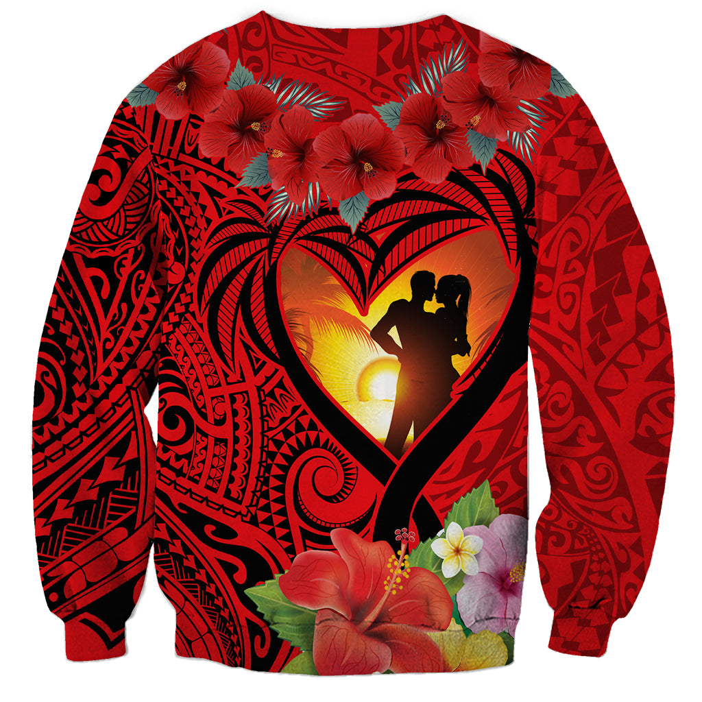 Hawaii Valentine Day Sweatshirt Couple on Beach mix Hibiscus and Polynesian Tattoo LT03 - Polynesian Pride