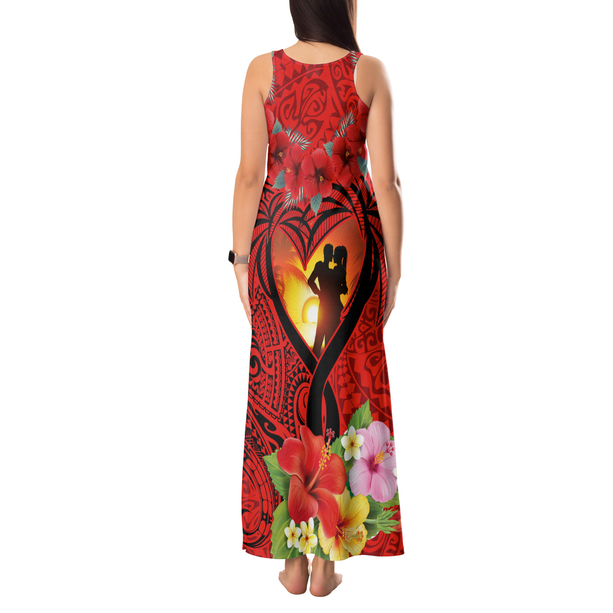 Hawaii Valentine Day Tank Maxi Dress Couple on Beach mix Hibiscus and Polynesian Tattoo LT03 - Polynesian Pride