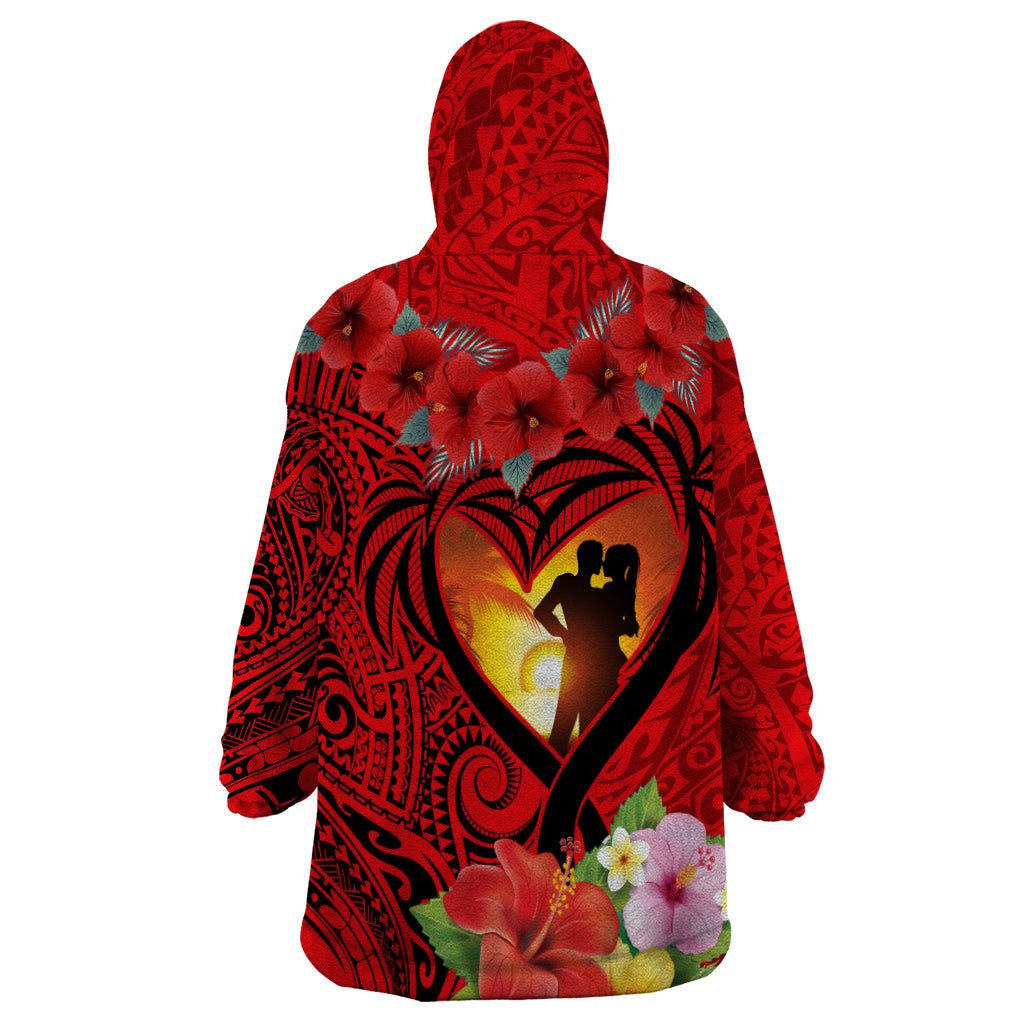 Hawaii Valentine Day Wearable Blanket Hoodie Couple on Beach mix Hibiscus and Polynesian Tattoo LT03 - Polynesian Pride