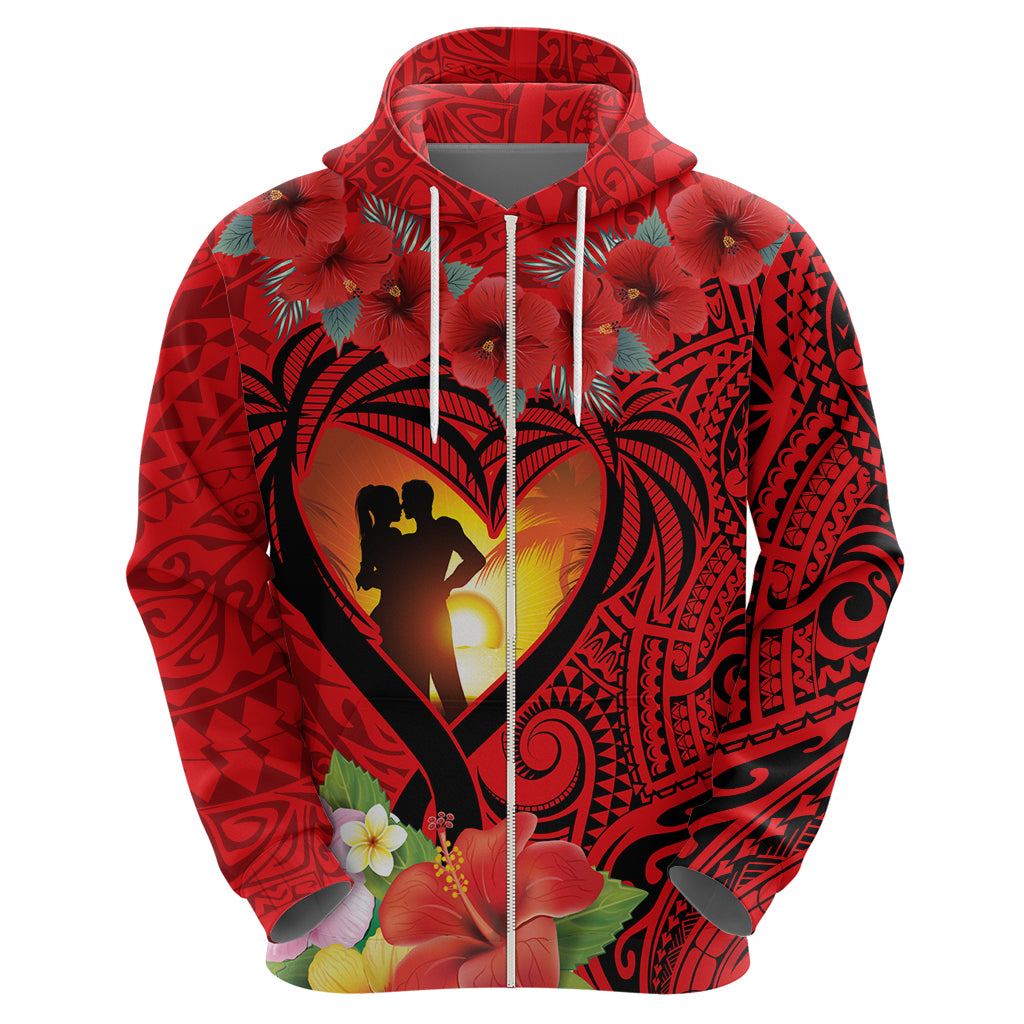 Hawaii Valentine Day Zip Hoodie Couple on Beach mix Hibiscus and Polynesian Tattoo LT03 - Polynesian Pride