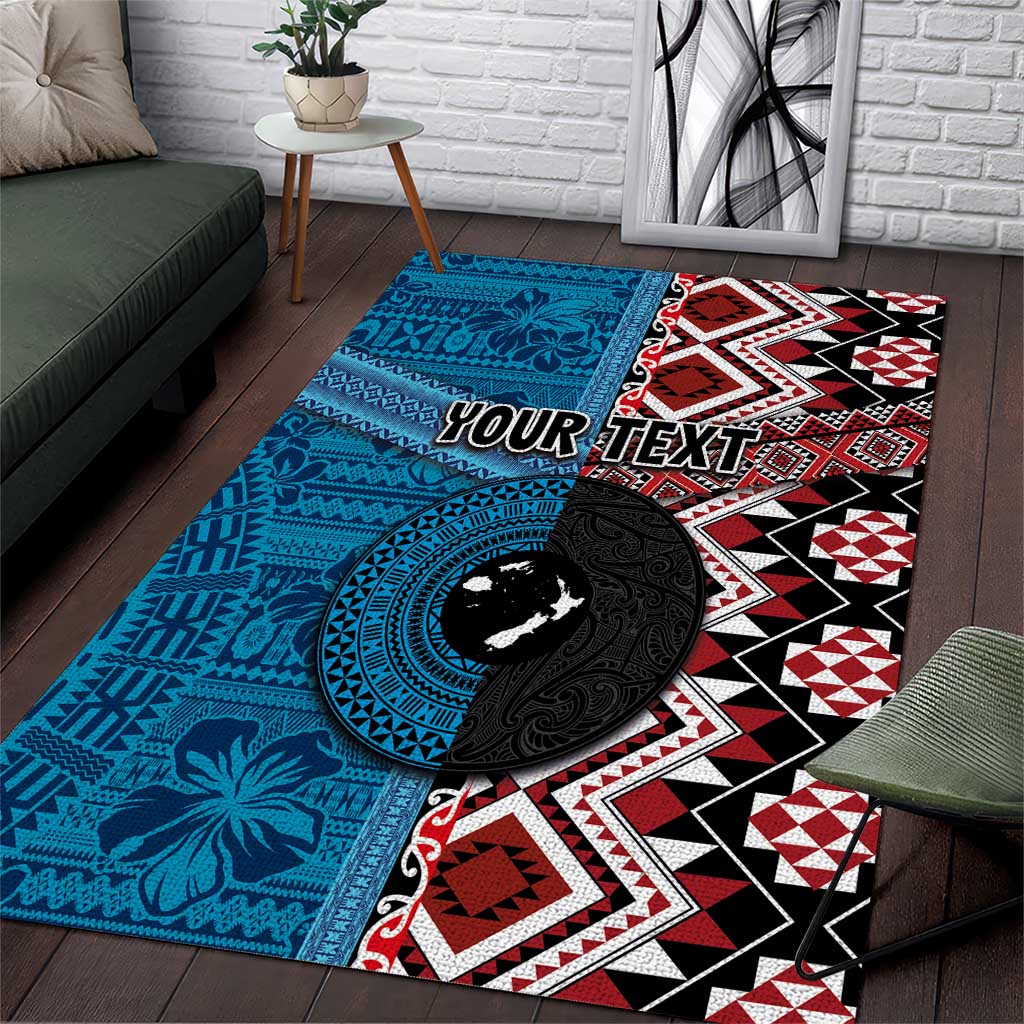 Personalised Aotearoa and Fiji Together Area Rug Melanesian Warrior and Koru - Taniko with Hibiscus Tapa Pattern
