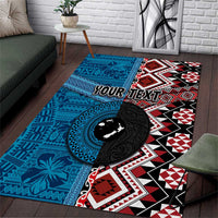 Personalised Aotearoa and Fiji Together Area Rug Melanesian Warrior and Koru - Taniko with Hibiscus Tapa Pattern