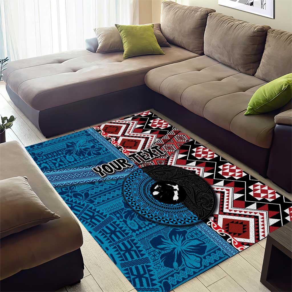Personalised Aotearoa and Fiji Together Area Rug Melanesian Warrior and Koru - Taniko with Hibiscus Tapa Pattern