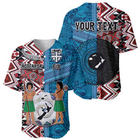 Personalised Aotearoa and Fiji Together Baseball Jersey Melanesian Warrior and Koru - Taniko with Hibiscus Tapa Pattern