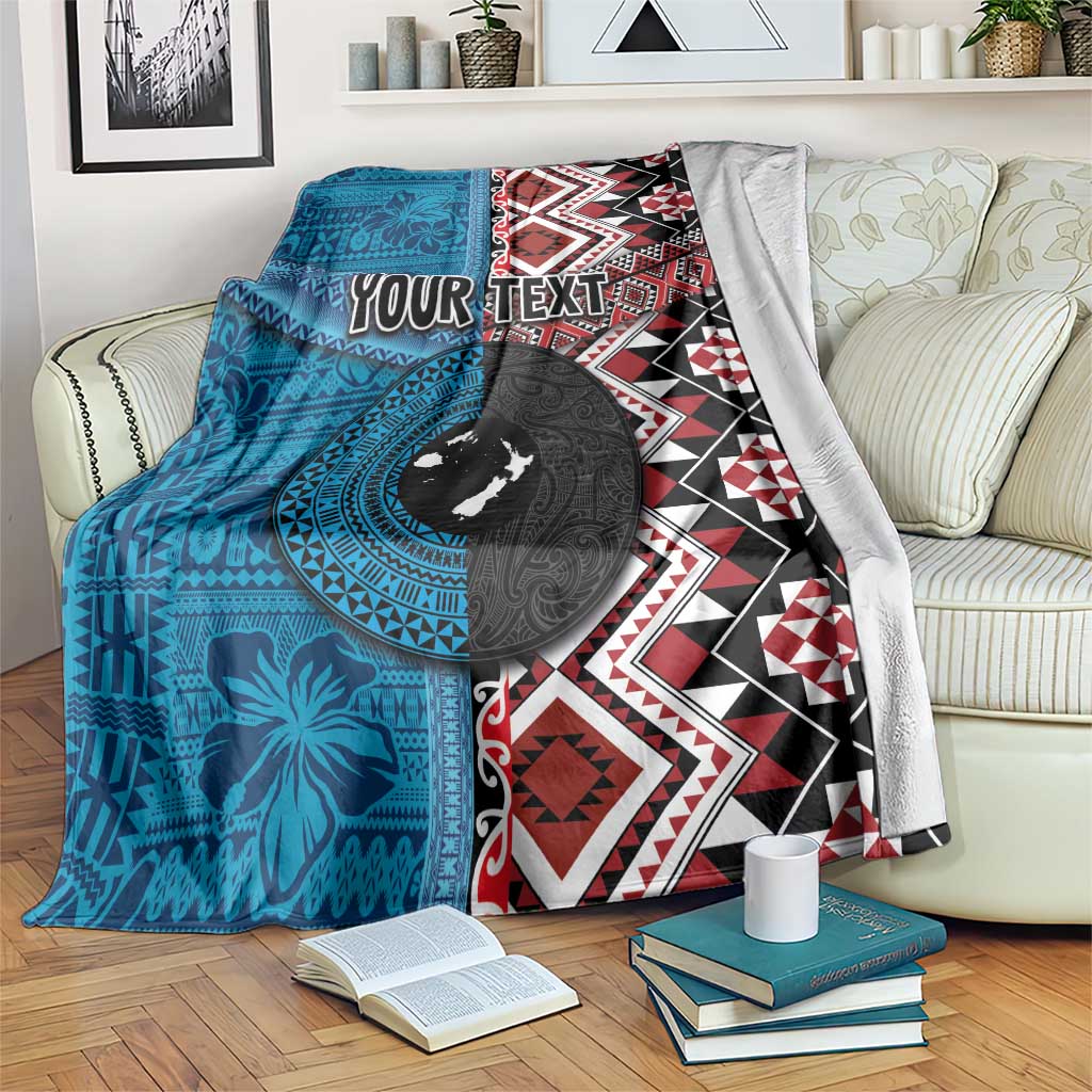 Personalised Aotearoa and Fiji Together Blanket Melanesian Warrior and Koru - Taniko with Hibiscus Tapa Pattern