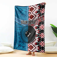 Personalised Aotearoa and Fiji Together Blanket Melanesian Warrior and Koru - Taniko with Hibiscus Tapa Pattern