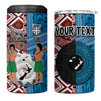 Personalised Aotearoa and Fiji Together 4 in 1 Can Cooler Tumbler Melanesian Warrior and Koru - Taniko with Hibiscus Tapa Pattern LT03 One Size: 16 oz Blue - Polynesian Pride