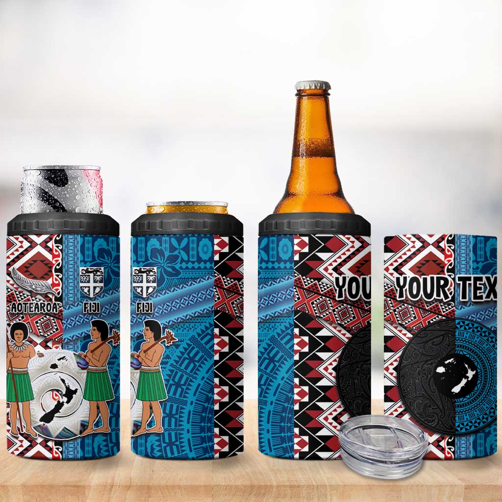 Personalised Aotearoa and Fiji Together 4 in 1 Can Cooler Tumbler Melanesian Warrior and Koru - Taniko with Hibiscus Tapa Pattern LT03 - Polynesian Pride