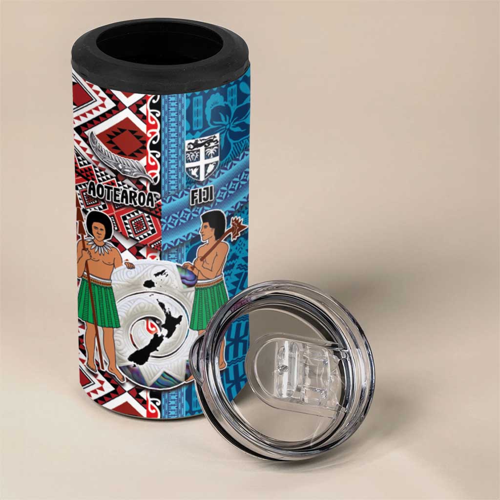 Personalised Aotearoa and Fiji Together 4 in 1 Can Cooler Tumbler Melanesian Warrior and Koru - Taniko with Hibiscus Tapa Pattern LT03 - Polynesian Pride