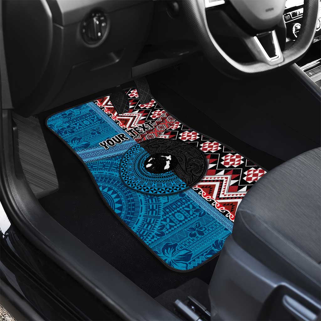 Personalised Aotearoa and Fiji Together Car Mats Melanesian Warrior and Koru - Taniko with Hibiscus Tapa Pattern