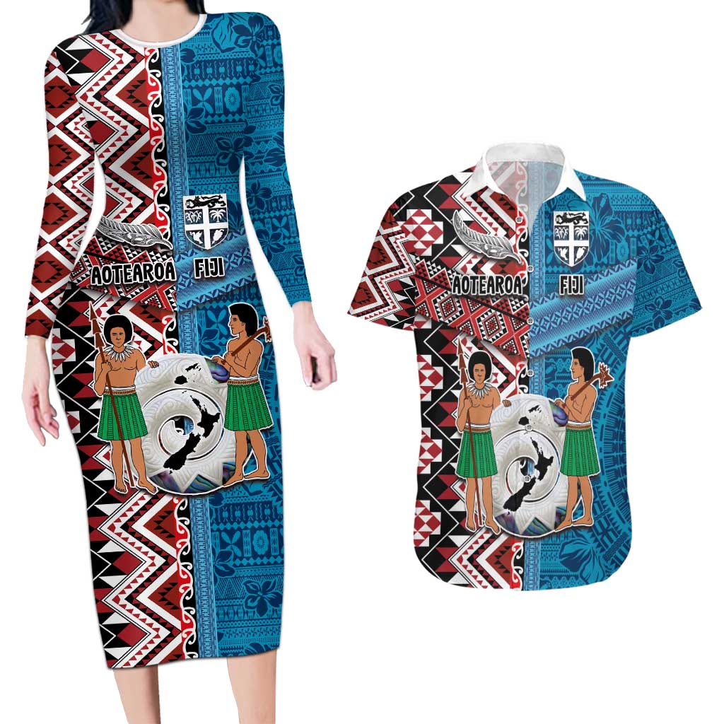 Personalised Aotearoa and Fiji Together Couples Matching Long Sleeve Bodycon Dress and Hawaiian Shirt Melanesian Warrior and Koru - Taniko with Hibiscus Tapa Pattern LT03 Blue - Polynesian Pride
