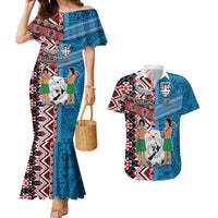Personalised Aotearoa and Fiji Together Couples Matching Mermaid Dress and Hawaiian Shirt Melanesian Warrior and Koru - Taniko with Hibiscus Tapa Pattern LT03 Blue - Polynesian Pride