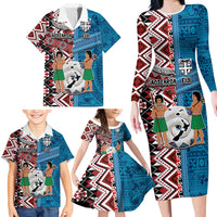Personalised Aotearoa and Fiji Together Family Matching Long Sleeve Bodycon Dress and Hawaiian Shirt Melanesian Warrior and Koru - Taniko with Hibiscus Tapa Pattern LT03 - Polynesian Pride