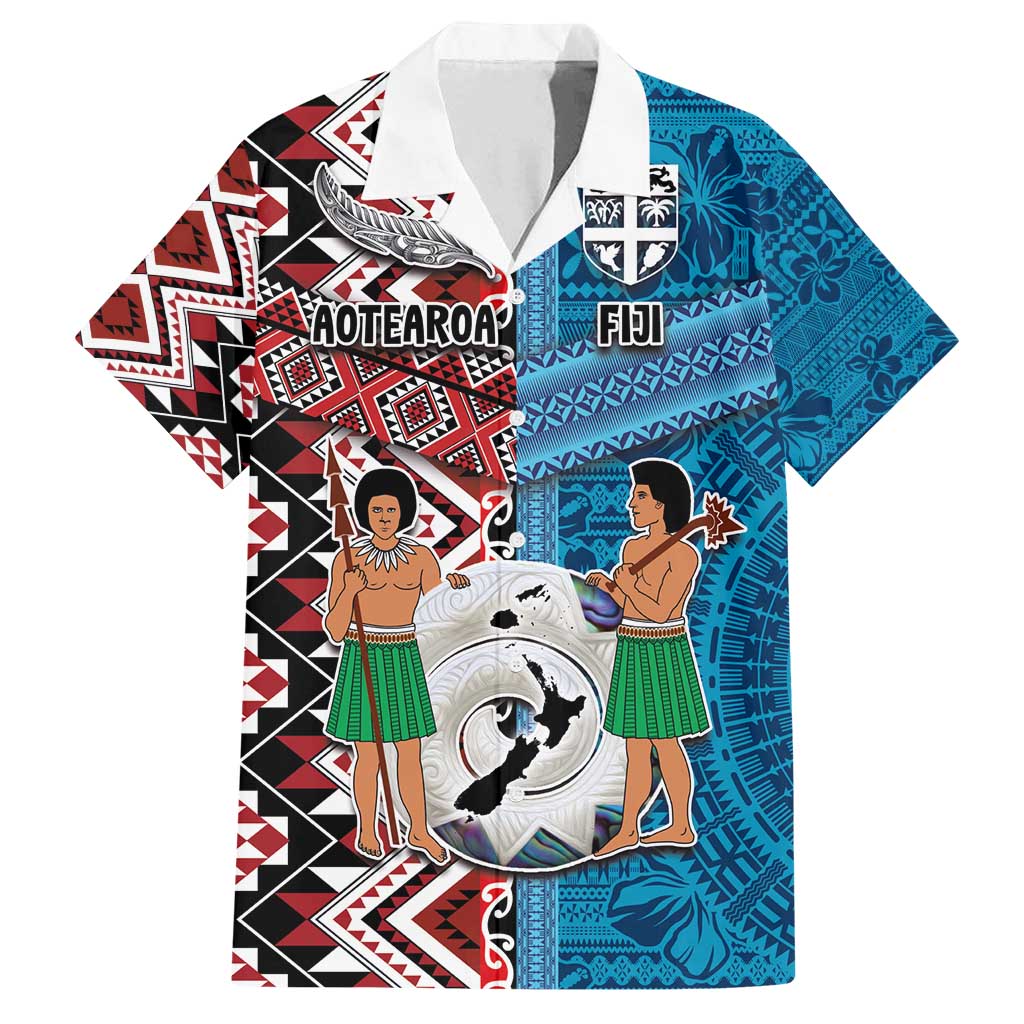 Personalised Aotearoa and Fiji Together Family Matching Long Sleeve Bodycon Dress and Hawaiian Shirt Melanesian Warrior and Koru - Taniko with Hibiscus Tapa Pattern LT03 Dad's Shirt - Short Sleeve Blue - Polynesian Pride