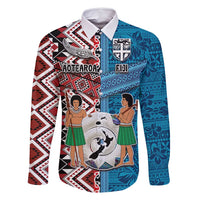 Personalised Aotearoa and Fiji Together Family Matching Long Sleeve Bodycon Dress and Hawaiian Shirt Melanesian Warrior and Koru - Taniko with Hibiscus Tapa Pattern LT03 Dad's Shirt - Long Sleeve Blue - Polynesian Pride