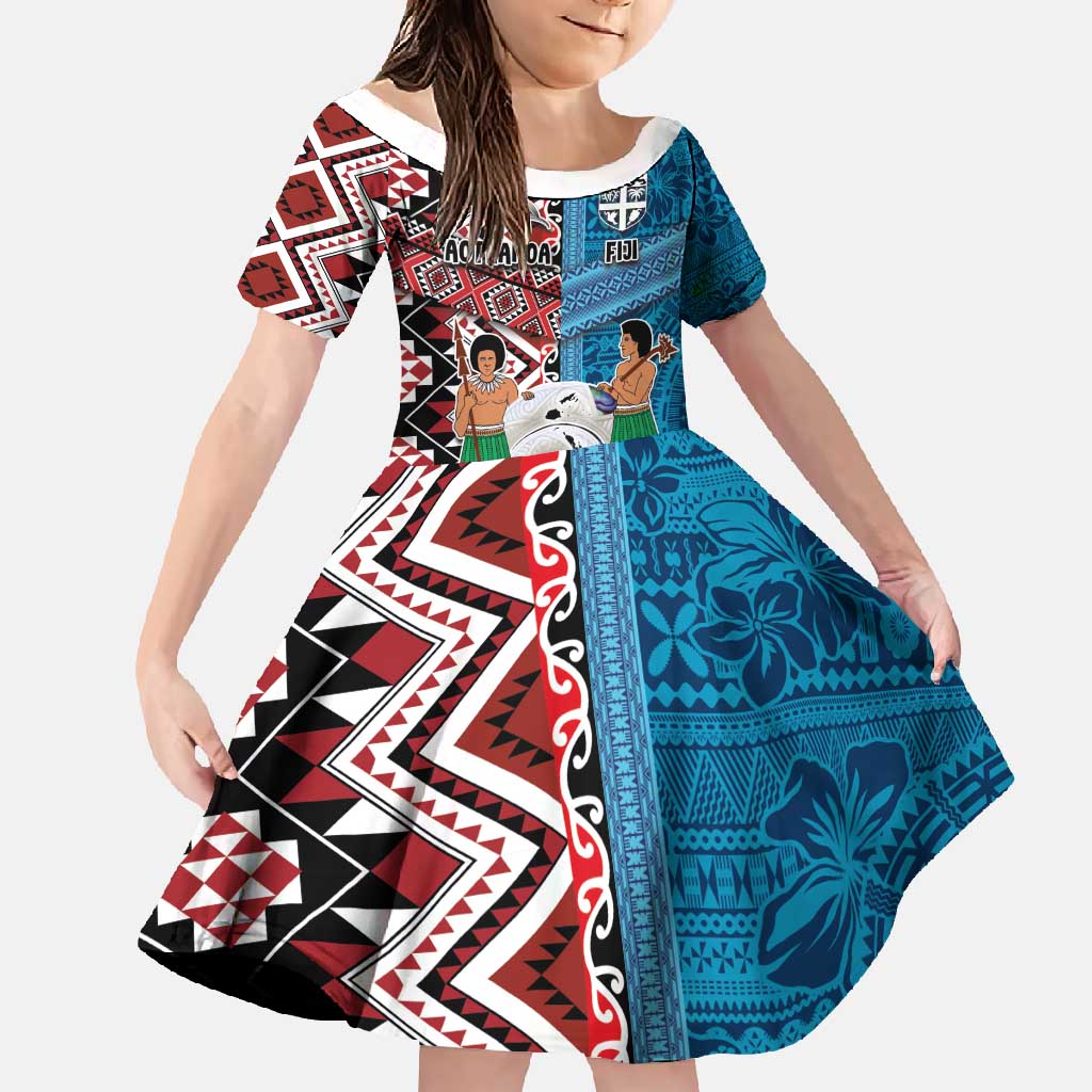 Personalised Aotearoa and Fiji Together Family Matching Mermaid Dress and Hawaiian Shirt Melanesian Warrior and Koru - Taniko with Hibiscus Tapa Pattern LT03 Daughter's Dress Blue - Polynesian Pride