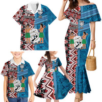 Personalised Aotearoa and Fiji Together Family Matching Mermaid Dress and Hawaiian Shirt Melanesian Warrior and Koru - Taniko with Hibiscus Tapa Pattern LT03 - Polynesian Pride