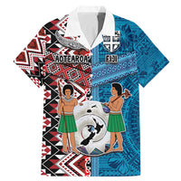 Personalised Aotearoa and Fiji Together Family Matching Mermaid Dress and Hawaiian Shirt Melanesian Warrior and Koru - Taniko with Hibiscus Tapa Pattern LT03 Dad's Shirt - Short Sleeve Blue - Polynesian Pride