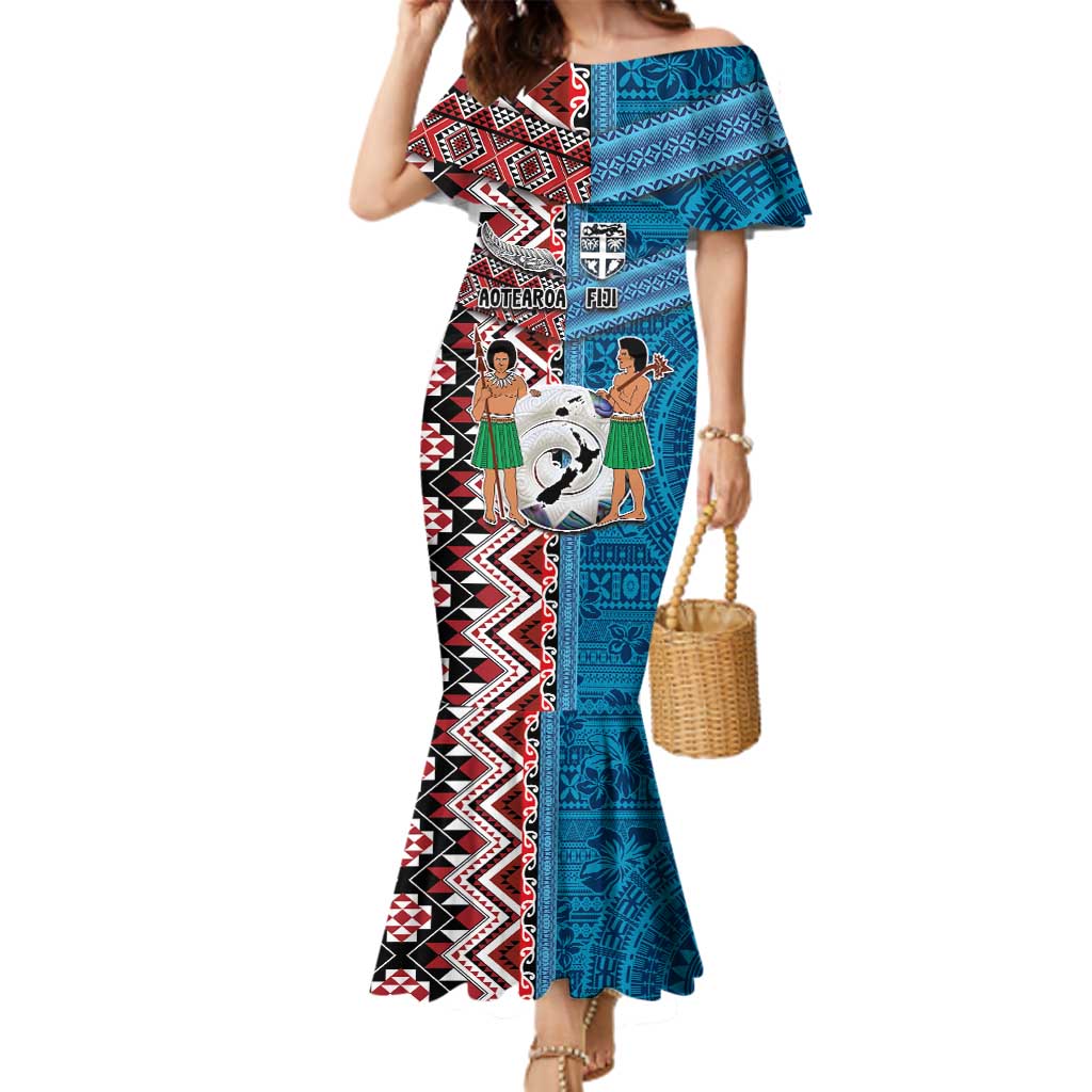 Personalised Aotearoa and Fiji Together Family Matching Mermaid Dress and Hawaiian Shirt Melanesian Warrior and Koru - Taniko with Hibiscus Tapa Pattern LT03 Mom's Dress Blue - Polynesian Pride