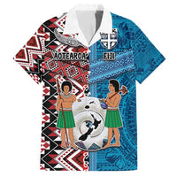 Personalised Aotearoa and Fiji Together Family Matching Puletasi and Hawaiian Shirt Melanesian Warrior and Koru - Taniko with Hibiscus Tapa Pattern LT03 Dad's Shirt - Short Sleeve Blue - Polynesian Pride
