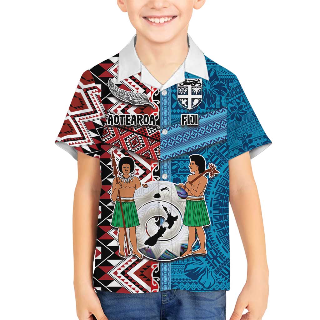 Personalised Aotearoa and Fiji Together Family Matching Puletasi and Hawaiian Shirt Melanesian Warrior and Koru - Taniko with Hibiscus Tapa Pattern LT03 Son's Shirt Blue - Polynesian Pride