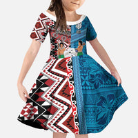 Personalised Aotearoa and Fiji Together Family Matching Tank Maxi Dress and Hawaiian Shirt Melanesian Warrior and Koru - Taniko with Hibiscus Tapa Pattern LT03 Daughter's Dress Blue - Polynesian Pride