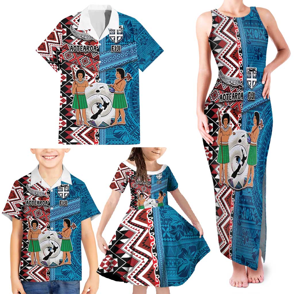 Personalised Aotearoa and Fiji Together Family Matching Tank Maxi Dress and Hawaiian Shirt Melanesian Warrior and Koru - Taniko with Hibiscus Tapa Pattern LT03 - Polynesian Pride
