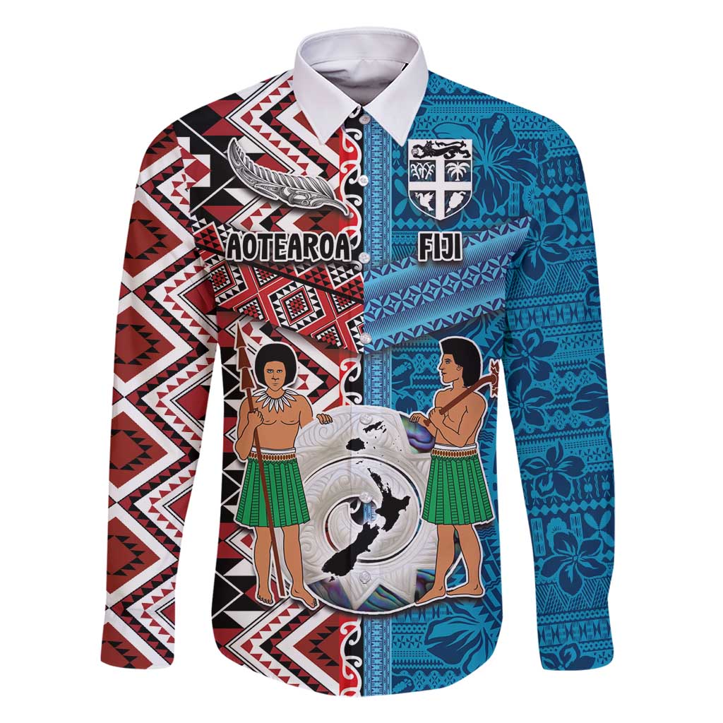 Personalised Aotearoa and Fiji Together Family Matching Tank Maxi Dress and Hawaiian Shirt Melanesian Warrior and Koru - Taniko with Hibiscus Tapa Pattern LT03 Dad's Shirt - Long Sleeve Blue - Polynesian Pride