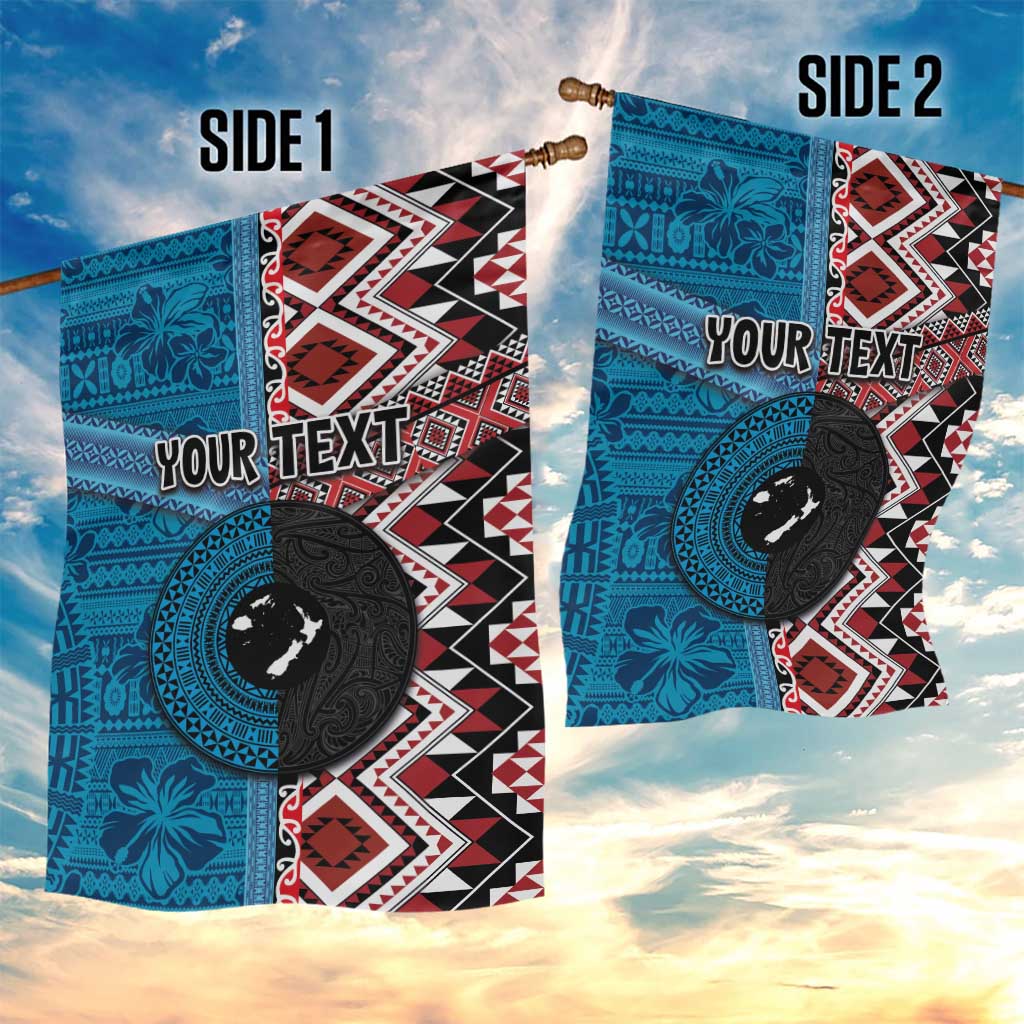 Personalised Aotearoa and Fiji Together Garden Flag Melanesian Warrior and Koru - Taniko with Hibiscus Tapa Pattern
