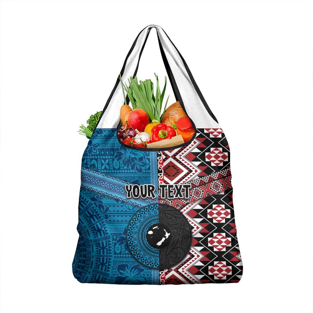 Personalised Aotearoa and Fiji Together Grocery Bag Melanesian Warrior and Koru - Taniko with Hibiscus Tapa Pattern LT03 1-pack One Size Blue - Polynesian Pride