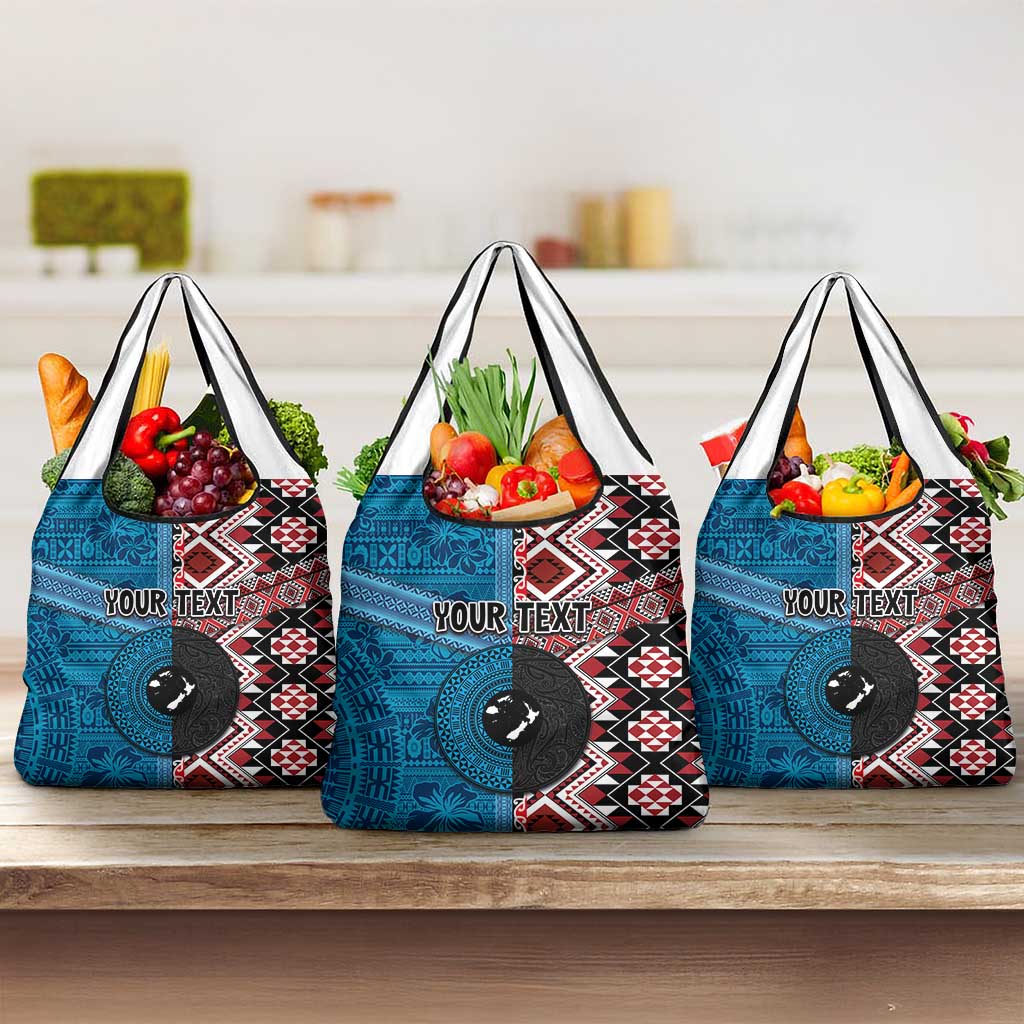 Personalised Aotearoa and Fiji Together Grocery Bag Melanesian Warrior and Koru - Taniko with Hibiscus Tapa Pattern LT03 3-pack One Size Blue - Polynesian Pride