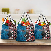 Personalised Aotearoa and Fiji Together Grocery Bag Melanesian Warrior and Koru - Taniko with Hibiscus Tapa Pattern LT03 3-pack One Size Blue - Polynesian Pride