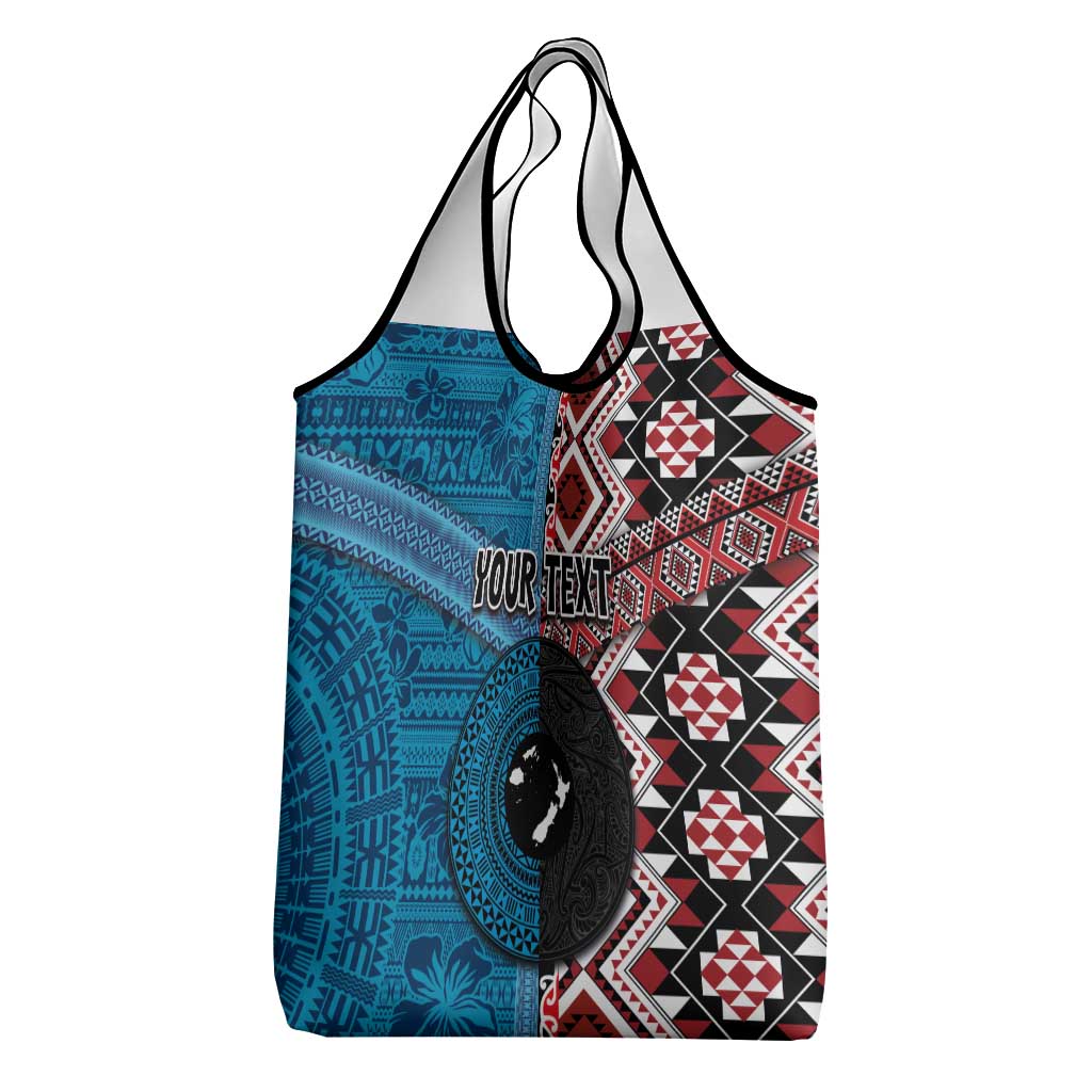 Personalised Aotearoa and Fiji Together Grocery Bag Melanesian Warrior and Koru - Taniko with Hibiscus Tapa Pattern LT03 - Polynesian Pride
