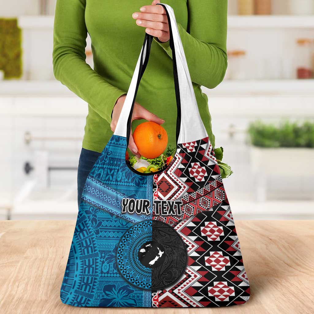 Personalised Aotearoa and Fiji Together Grocery Bag Melanesian Warrior and Koru - Taniko with Hibiscus Tapa Pattern LT03 - Polynesian Pride