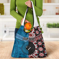 Personalised Aotearoa and Fiji Together Grocery Bag Melanesian Warrior and Koru - Taniko with Hibiscus Tapa Pattern LT03 - Polynesian Pride